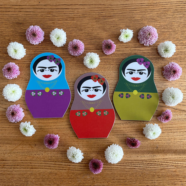 Russian Doll shaped coasters by Jenny Duff inspired by Frida Kahlo