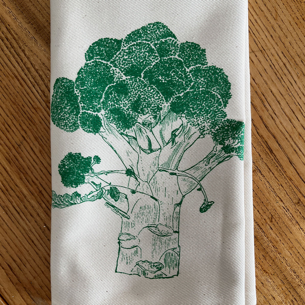 Cotton napkin with broccoli pattern screen printed by Lottie Day for Jenny Duff