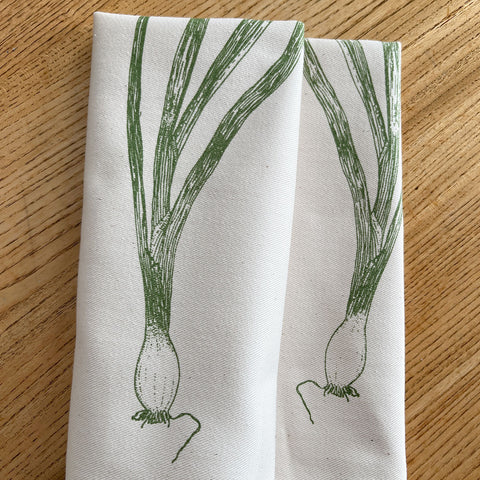Spring onions pattern napkin printed by Lottie Day for Jenny Duff mats