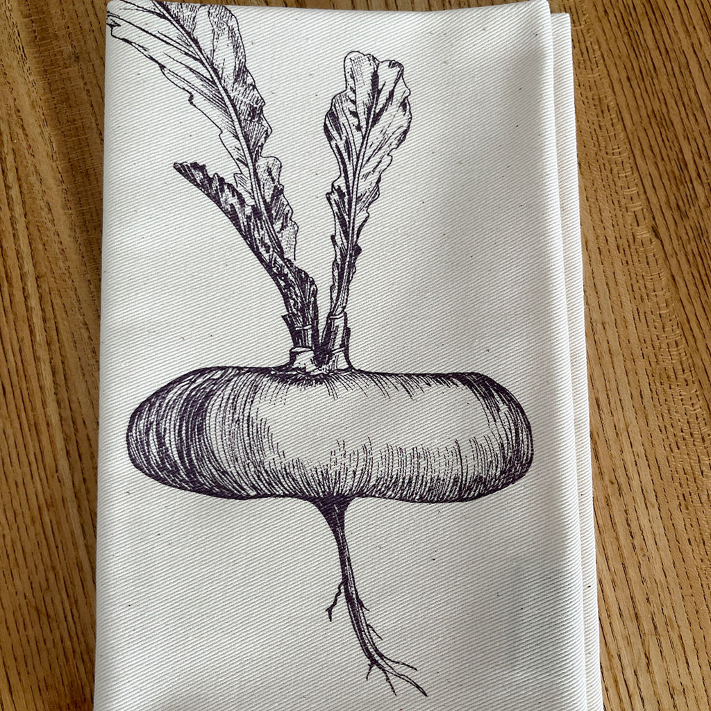 Napkin with dark purple illustration by Lottie Day of a Purple Turnip for Jenny Duff mats
