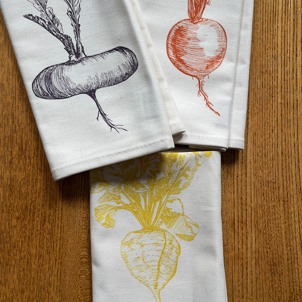 3 cotton serviettes with root designs by Lottie Day for Jenny Duff mats
