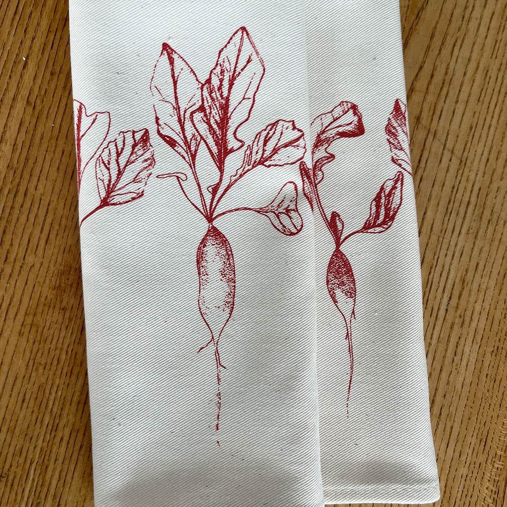 Pink radishes pattern on cotton napkin by Lottie Day for Jenny Duff mats