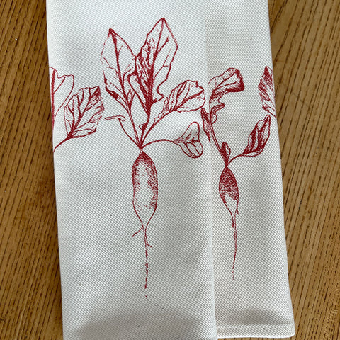 Pink radishes pattern on cotton napkin by Lottie Day for Jenny Duff mats