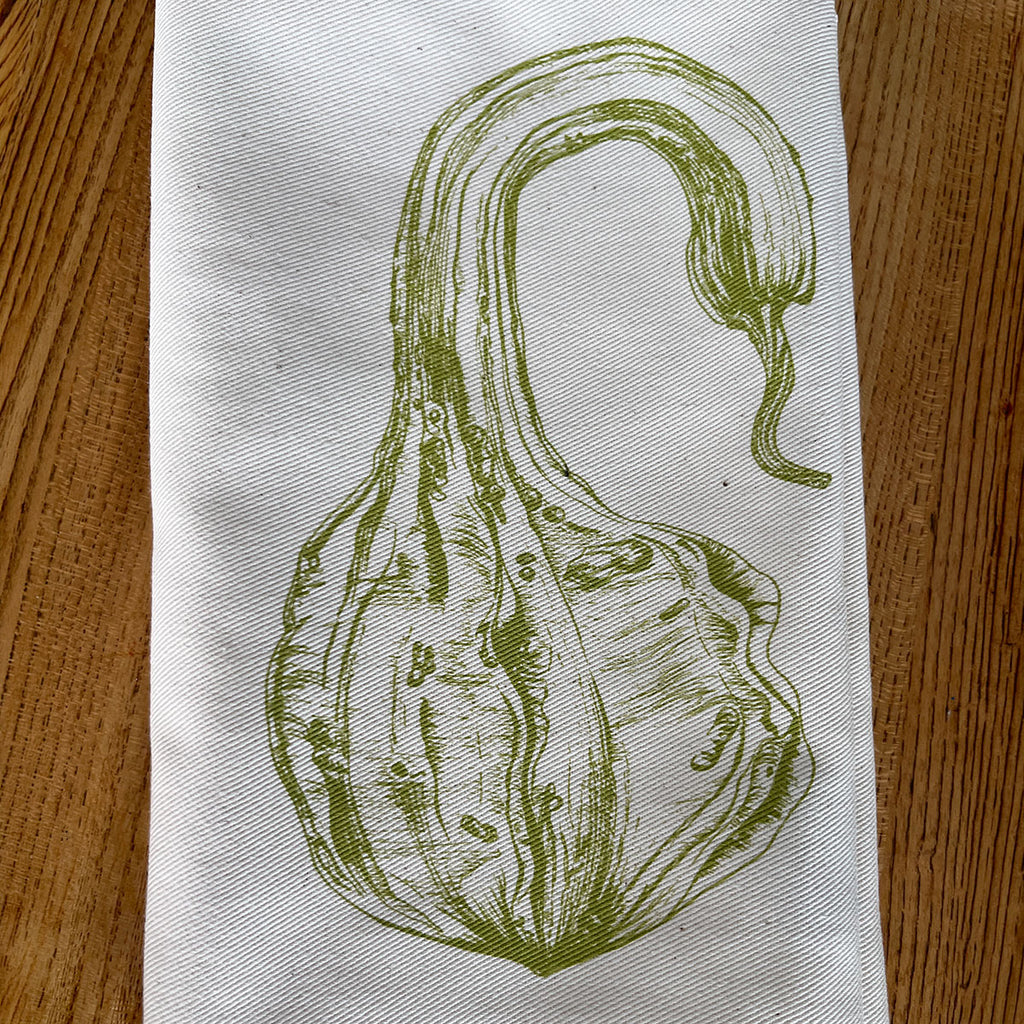 Serviette with Crookneck squash screen printed by Lottie Day for Jenny Duff mats