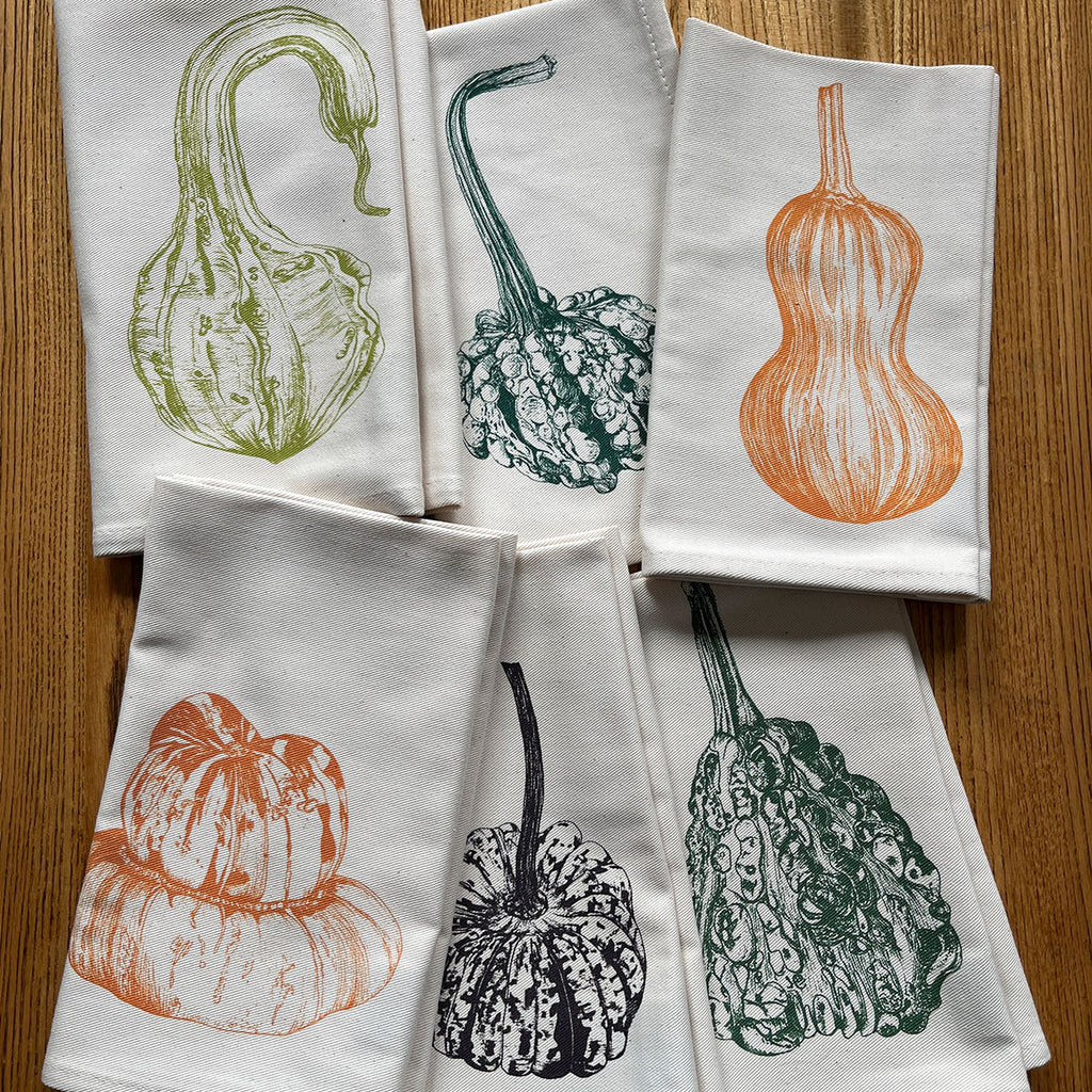 Set of 6 napkins with squah designs by Lottie Day for Jenny Duff mats