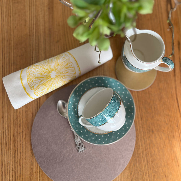 Tea set with Jenny Duff mats and lemon design napkin by Lottie Day