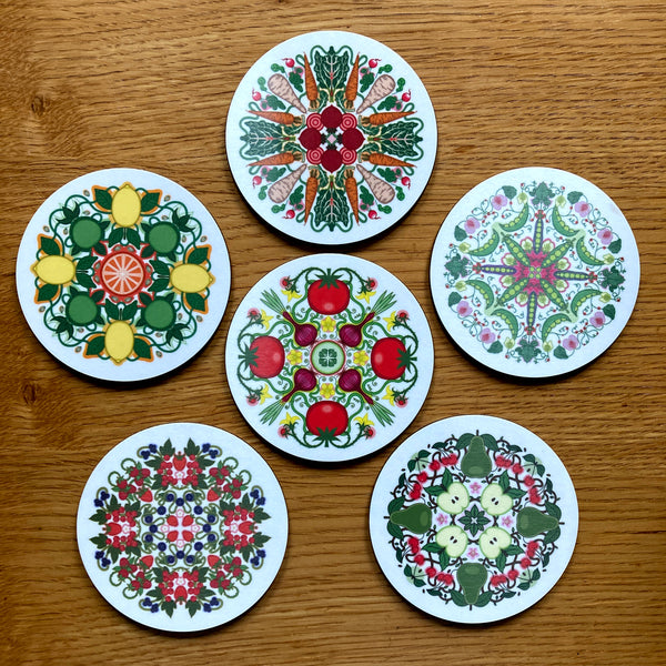 Rebecca Strickson table mat coaster large mat for Jenny Duff Apples pears cherries lemons carrots tomatoes berries peas