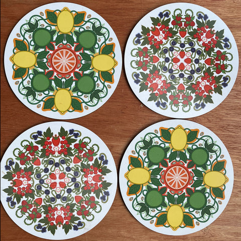 Four fruit design table mats citrus and berries designed by Rebecca Strickson
