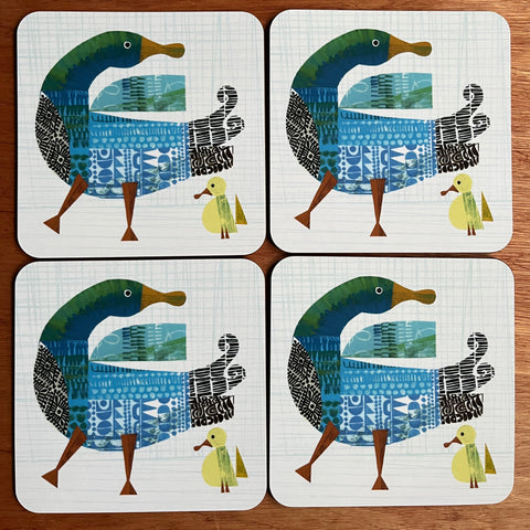 Four square placemats with duck and duckling design by Clare Youngs made in the UK of melamine