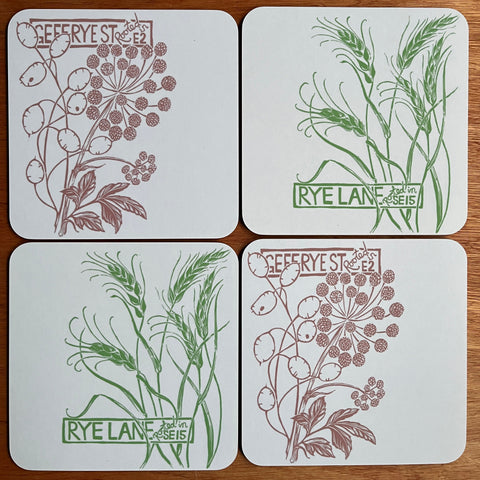 Four square place mats with botanical design of honesty and rye designed by REbecca Cole and made in the UK from melamine