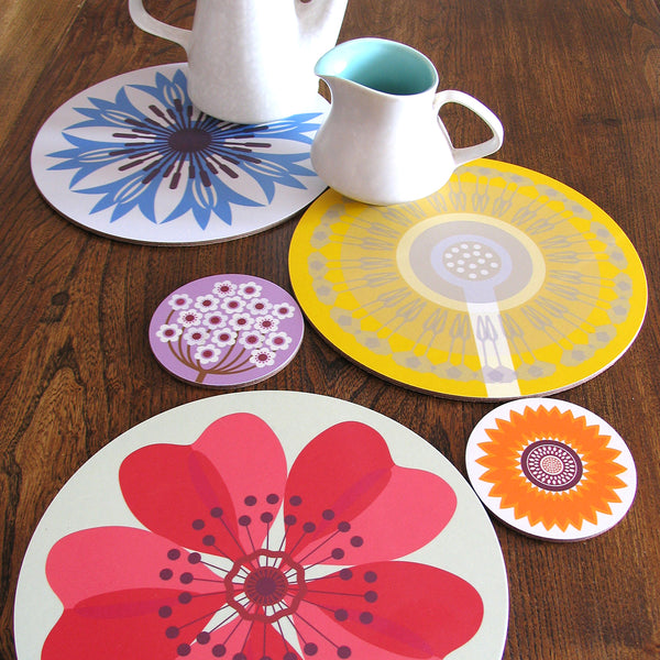 Jenny Duff Gillian Blease flower cornflower dandelion verbena sunflower dogrose design table mats coasters placemats corkbacked Melamine Made in Britain