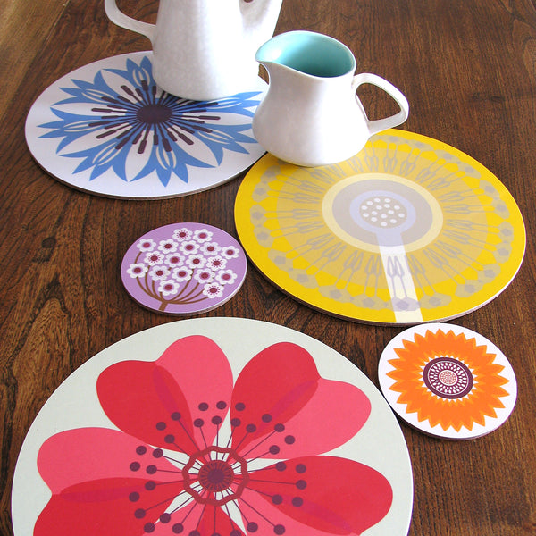 Jenny Duff Gillian Blease flower daisies design table mats coasters placemats corkbacked Melamine Made in Britain