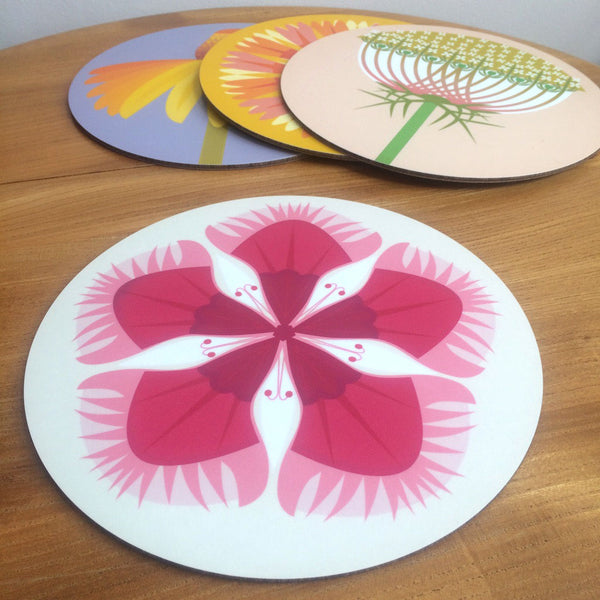 Jenny Duff Gillian Blease flower coneflower dianthus helenium wild carrotdesign table mats coasters placemats corkbacked Melamine Made in Britain