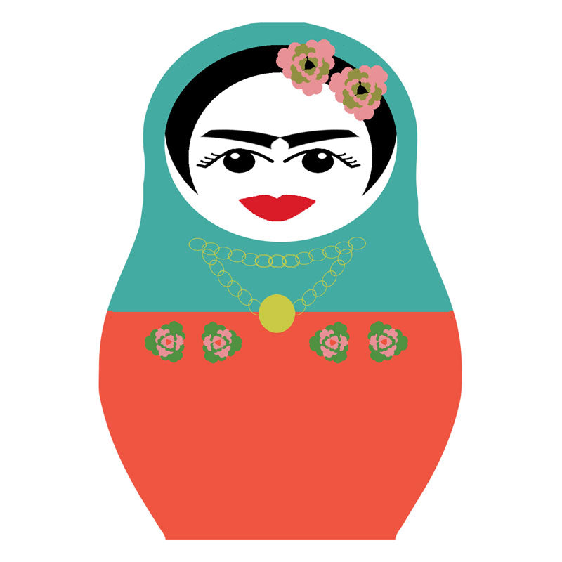 Frida Kahlo drinks coaster aquamarine and orange with pink flowers in hair Jenny Duff mats