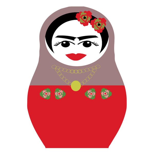 Frida Kahlo drinks coaster taupe and red with flowers in hair Jenny Duff mats