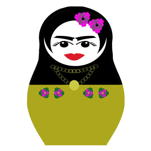 Frida Kahlo drinks coaster black and green with pink flowers in hair Jenny Duff mats