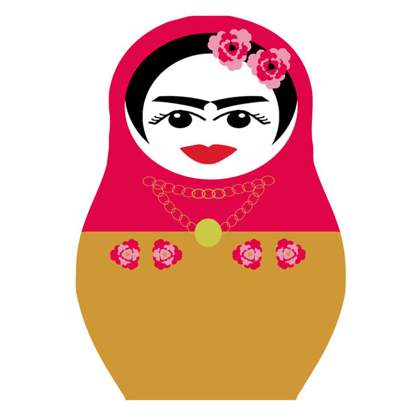 Frida Kahlo drinks coaster cerise and mustard with pink flowers in hair Jenny Duff mats