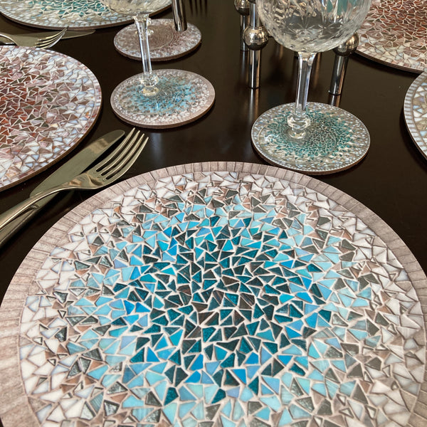 Sarah Stanley designs: Mosaic Turquoise Melamine place mats & coasters