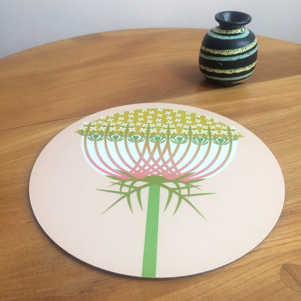 Jenny Duff Gillian Blease flower wild carrot design table mats coasters placemats corkbacked Melamine Made in Britain